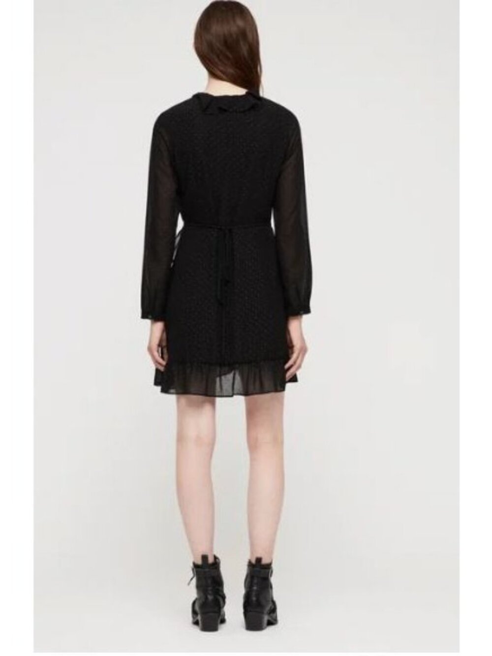 AllSaints Kiyah Shimmer Studded Ruffle Black Mini Wrap Dress Size M [jb] - Picture 4 of 8